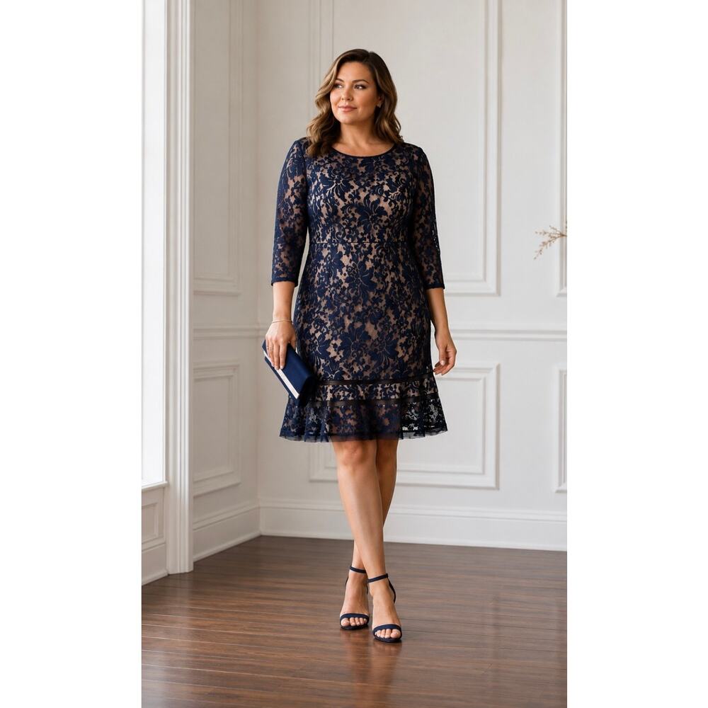 Tadashi Shoji Size 16 Navy Lace Cocktail Dress Nude Lined Sheath Party